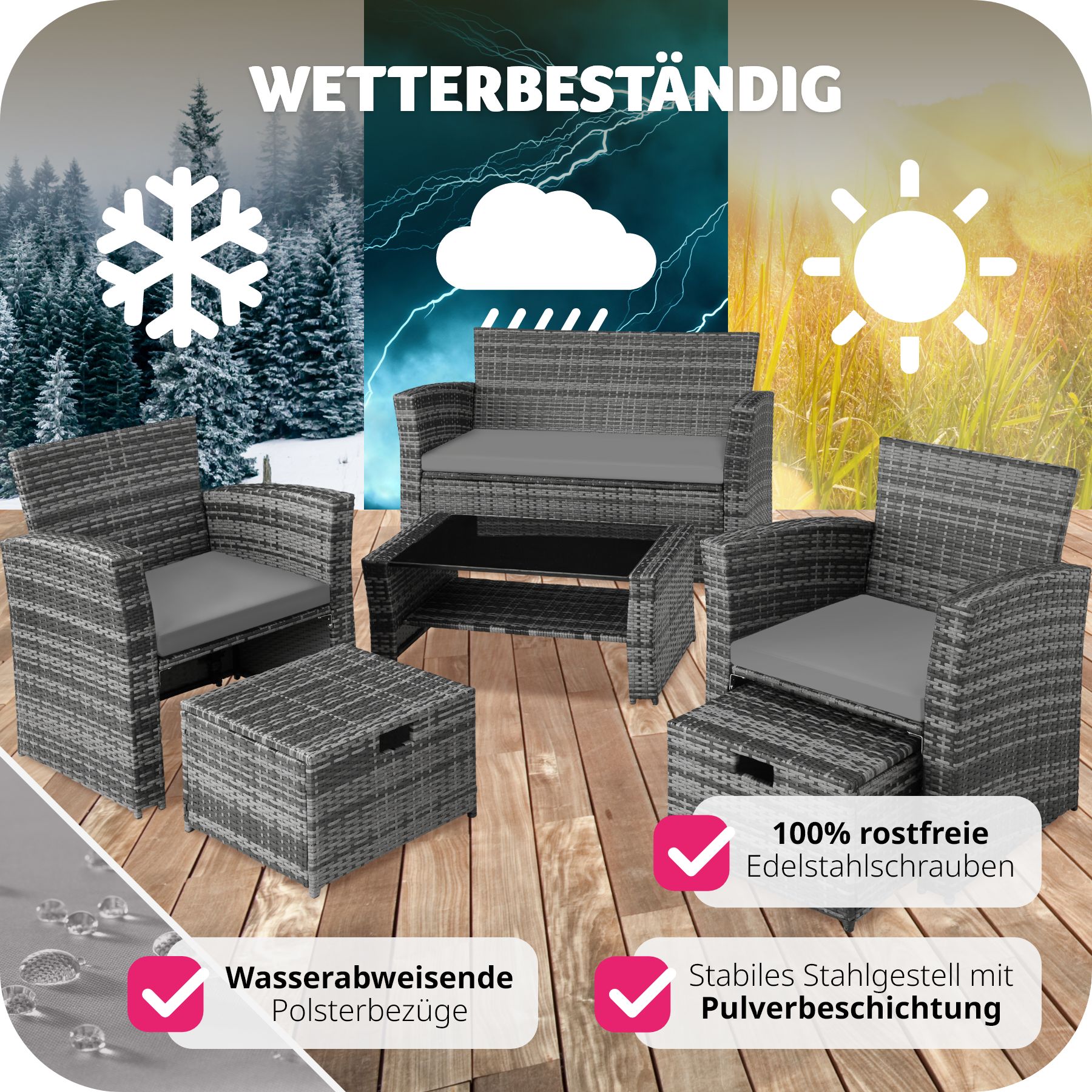 tectake® Rattan Sitzgruppe, für 4 bis 6 Personen, UV-beständig, inklusive Staufach und Schutzhülle