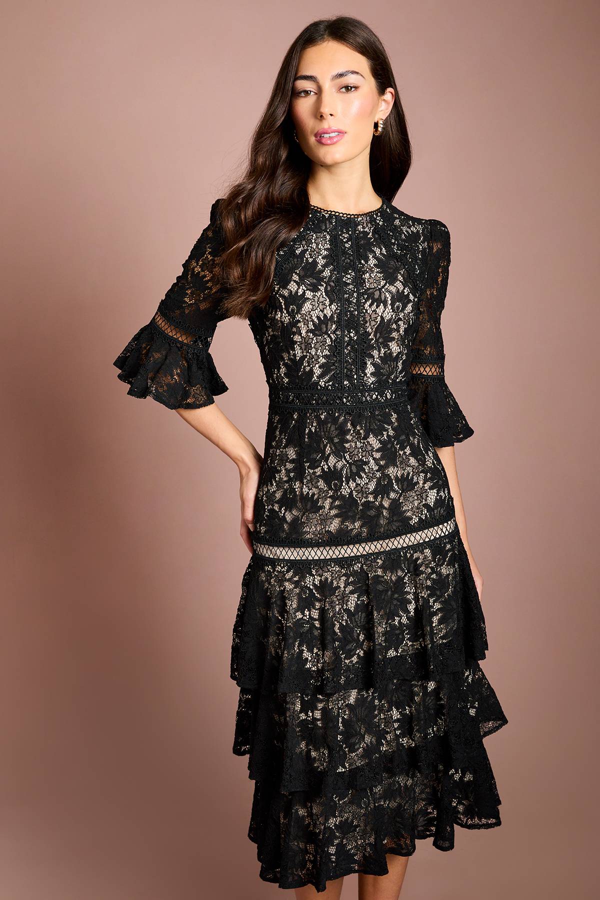Coast Robe Midi À Manches 3/4 Avec Jupe En Dentelle À Volants Étagés