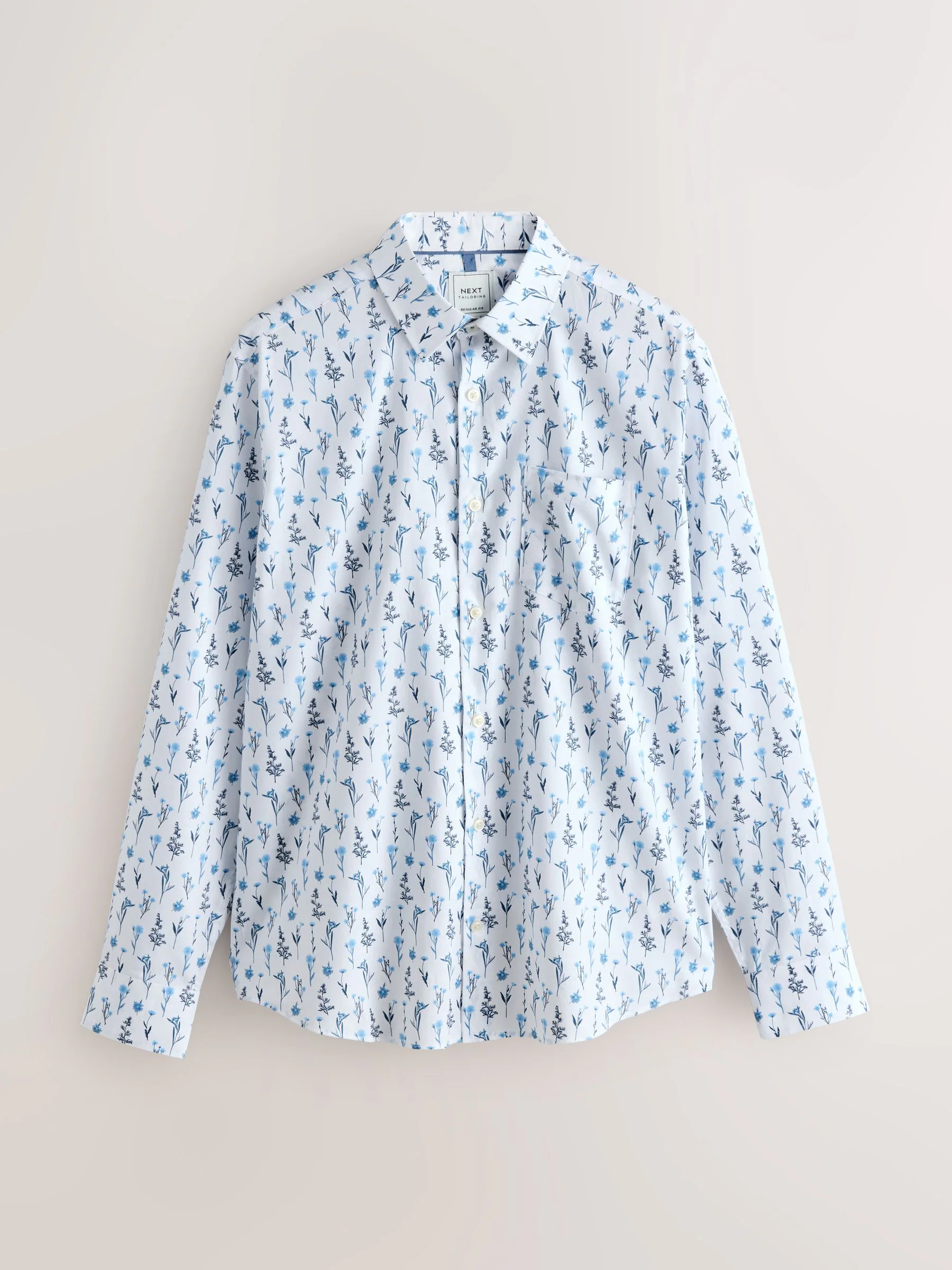 White Blue Floral Print - Overhemd met lange mouwen