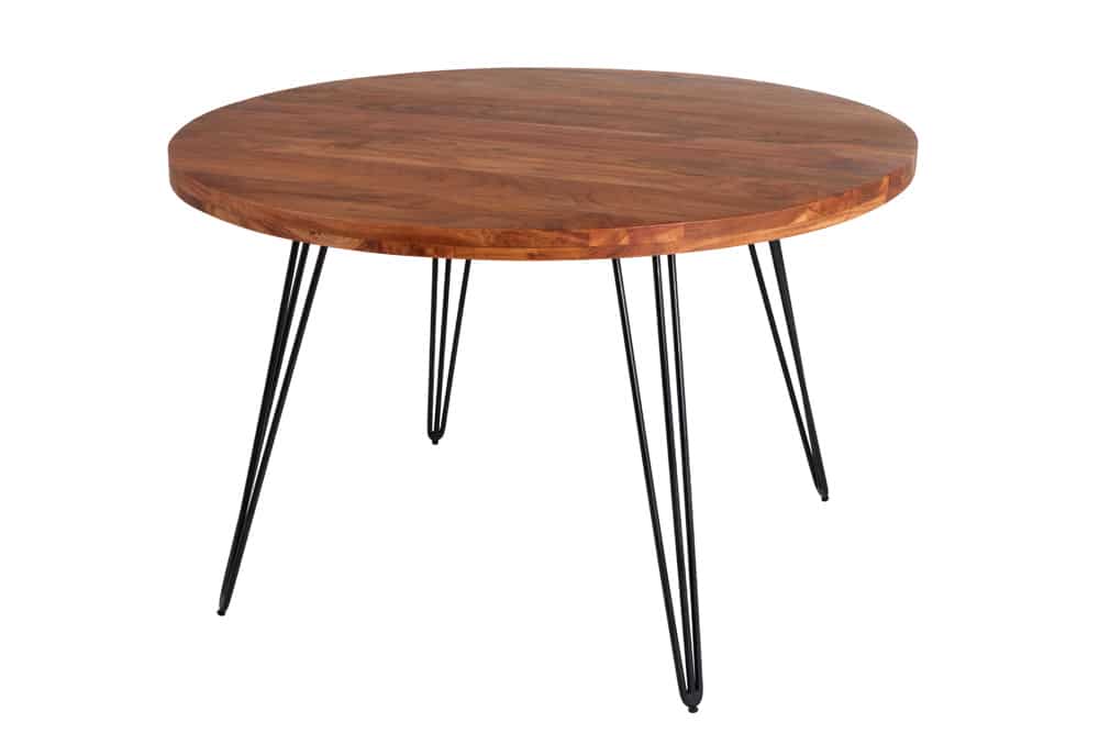 Runder Esstisch SCORPION 120cm Akazie natur Massivholz Hairpin Legs Retro Design