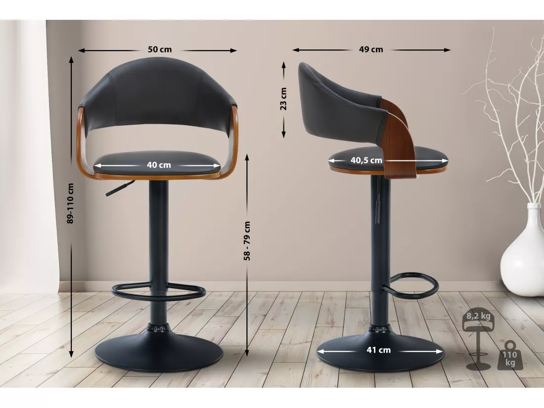 Tabouret de bar - Similicuir & Métal noir mat - Noyer / Noir - Nilse