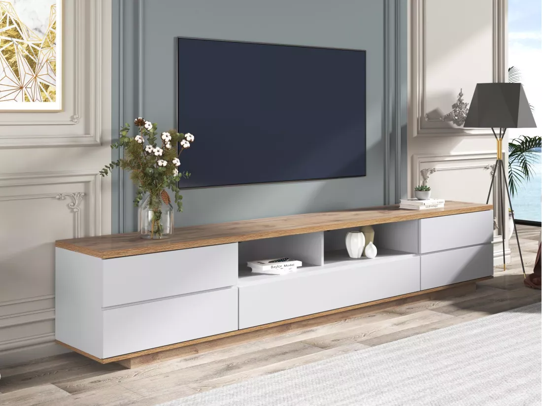 Meuble TV scandinave contemporain 180cm en bois - 5 portes + 8 compartiments - Naturel & Blanc