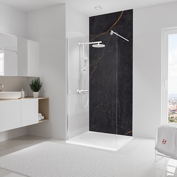 Panneau mural de salle de bains l.100x255 cm, décor marbre anthracite-cuivre Softtouch, Schulte DécoDesign