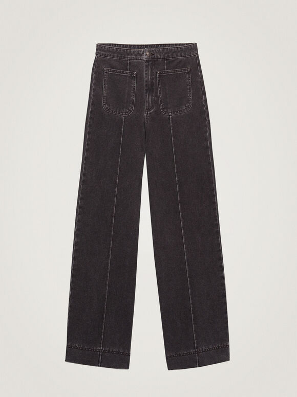 Calça jeans reta com bolsos - Cinza