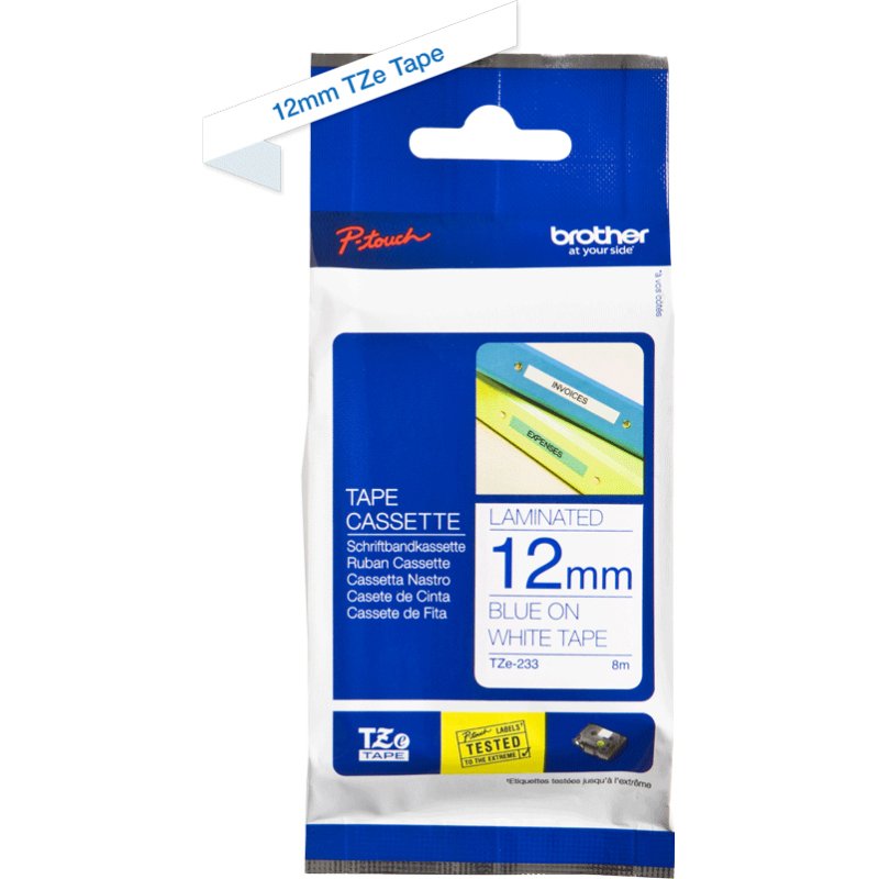 Ruban laminé Brother 12 mm TZE 233 blanc écriture bleue