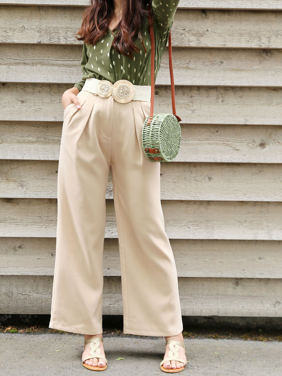Pantalon palazzo en crêpe taille haute- Beige