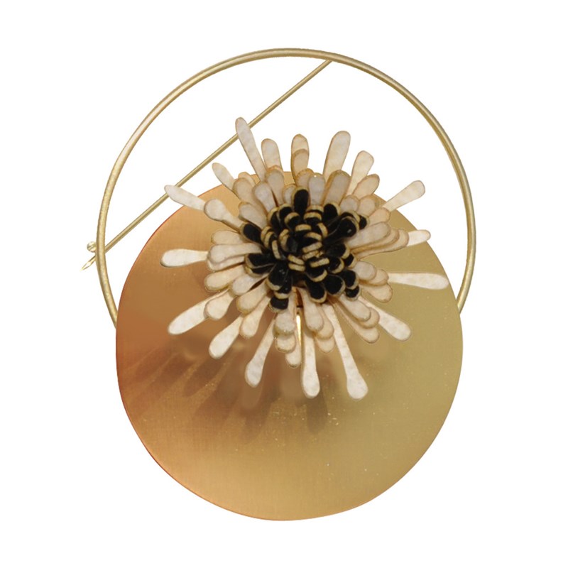 Broche Laiton Anneau Capsule et Anémone en Cuir