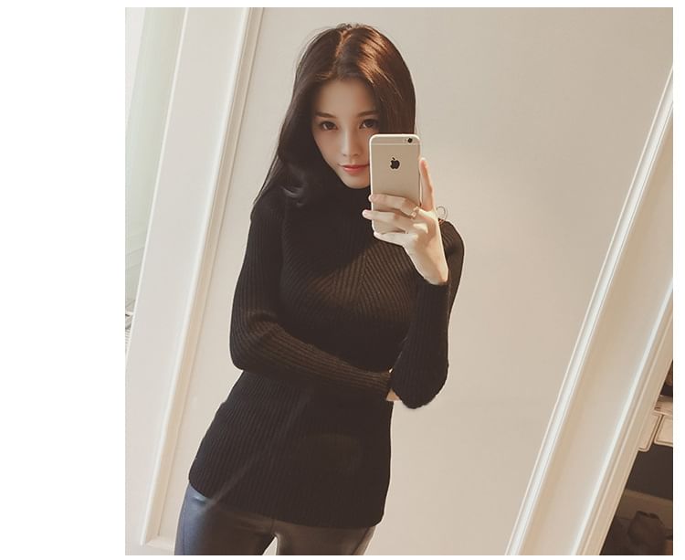 hollybunbur - Mock Neck Effen Geribbelde Trui