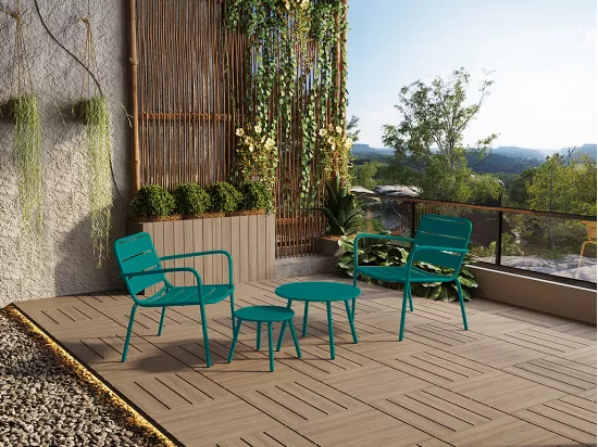 Salon de jardin en métal - 2 fauteuils bas empilables et tables gigognes - Bleu canard - MIRMANDE de MYLIA