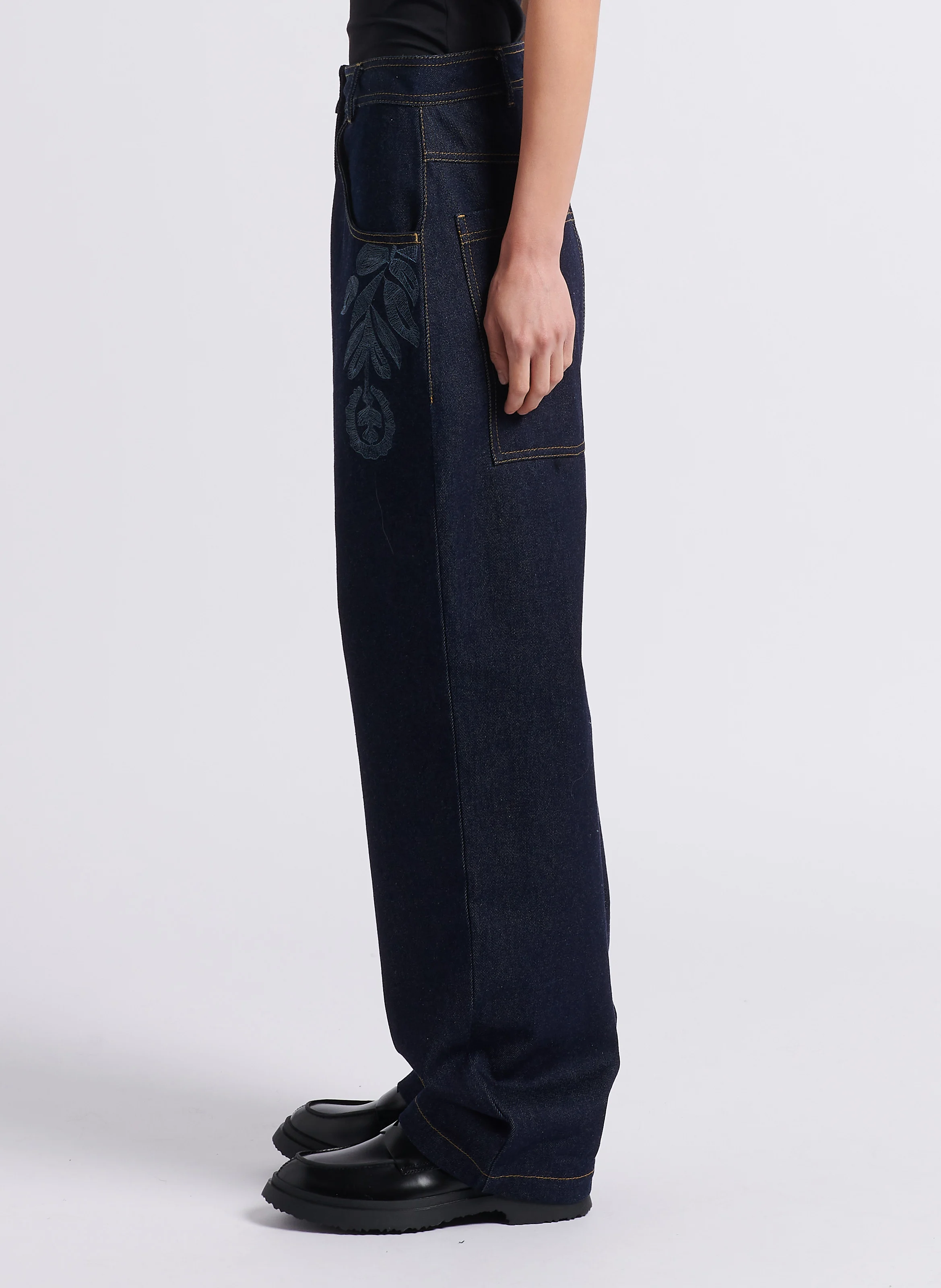 EGLANTINE - Jean large taille haute en coton | Bleu