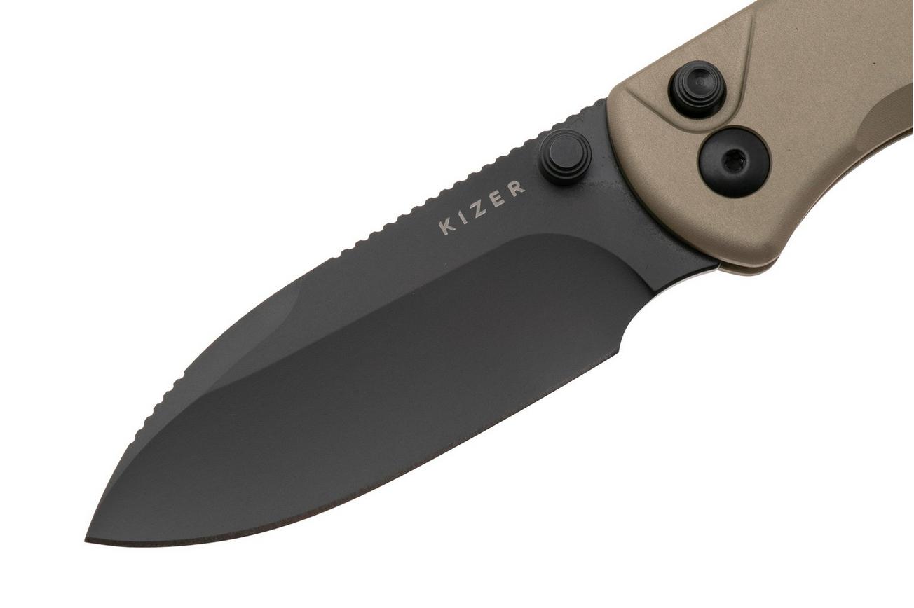 Kizer Vanguard Drop Bear 2, V3619-2CD1 Black DLC Nitro-V, Tan Aluminum, zakmes, Azo design