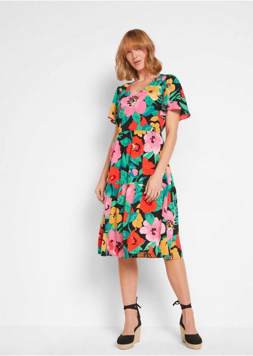 Robe midi à imprimé floral de coupe trapèze