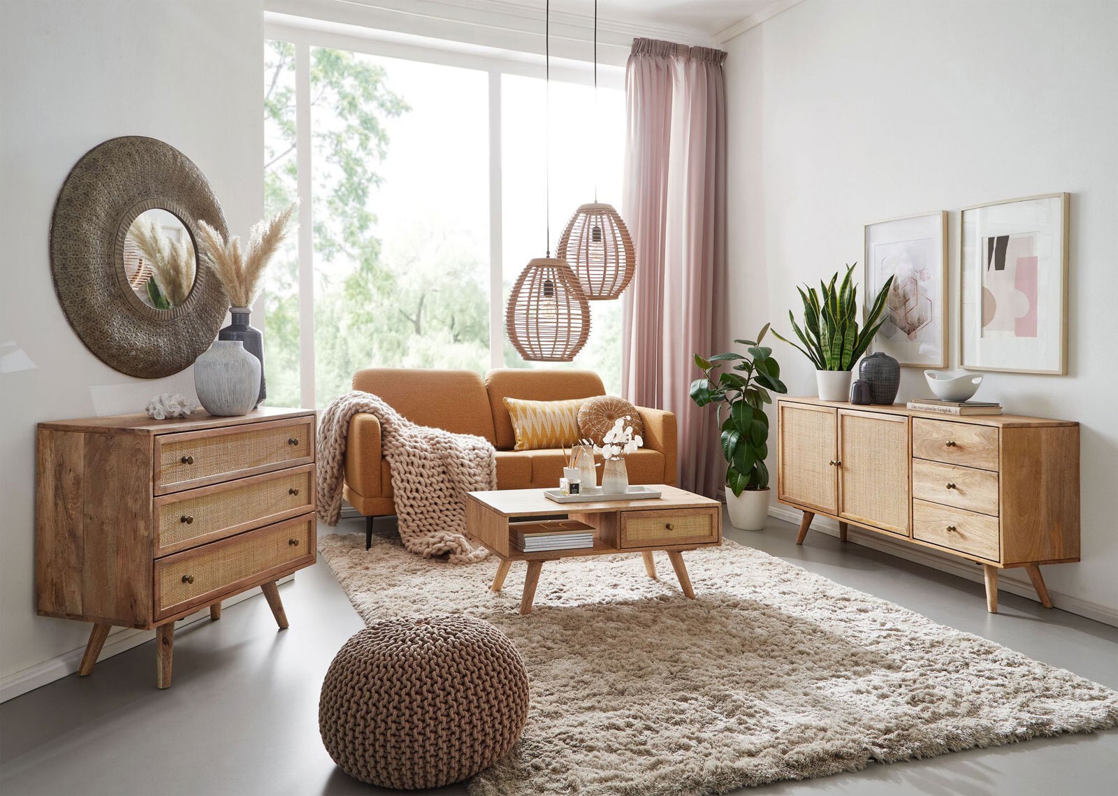 Sideboard 80 x 75 cm Mango massiv und Rattan