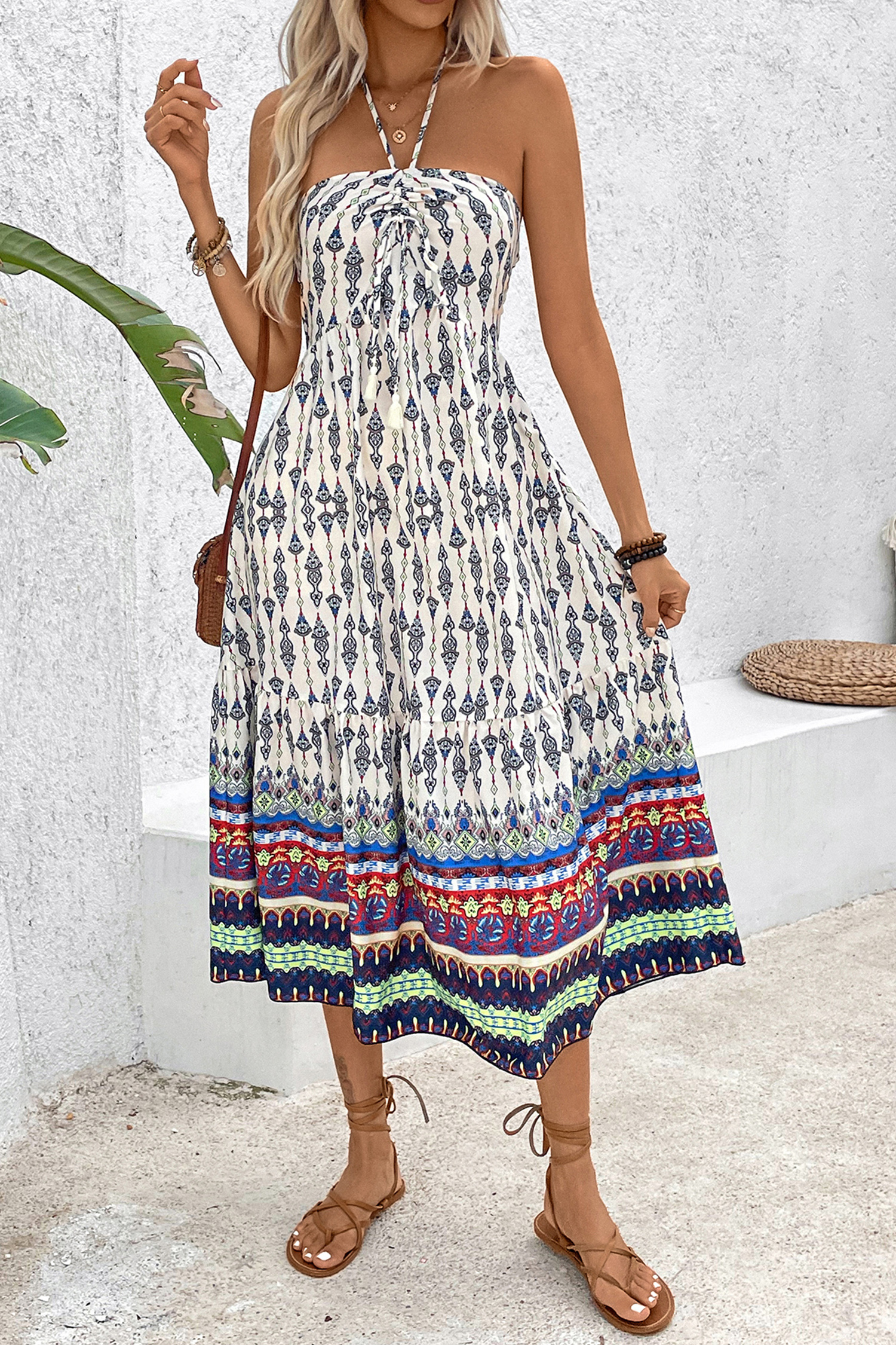 Robe midi sans bretelles à col en cœur boho