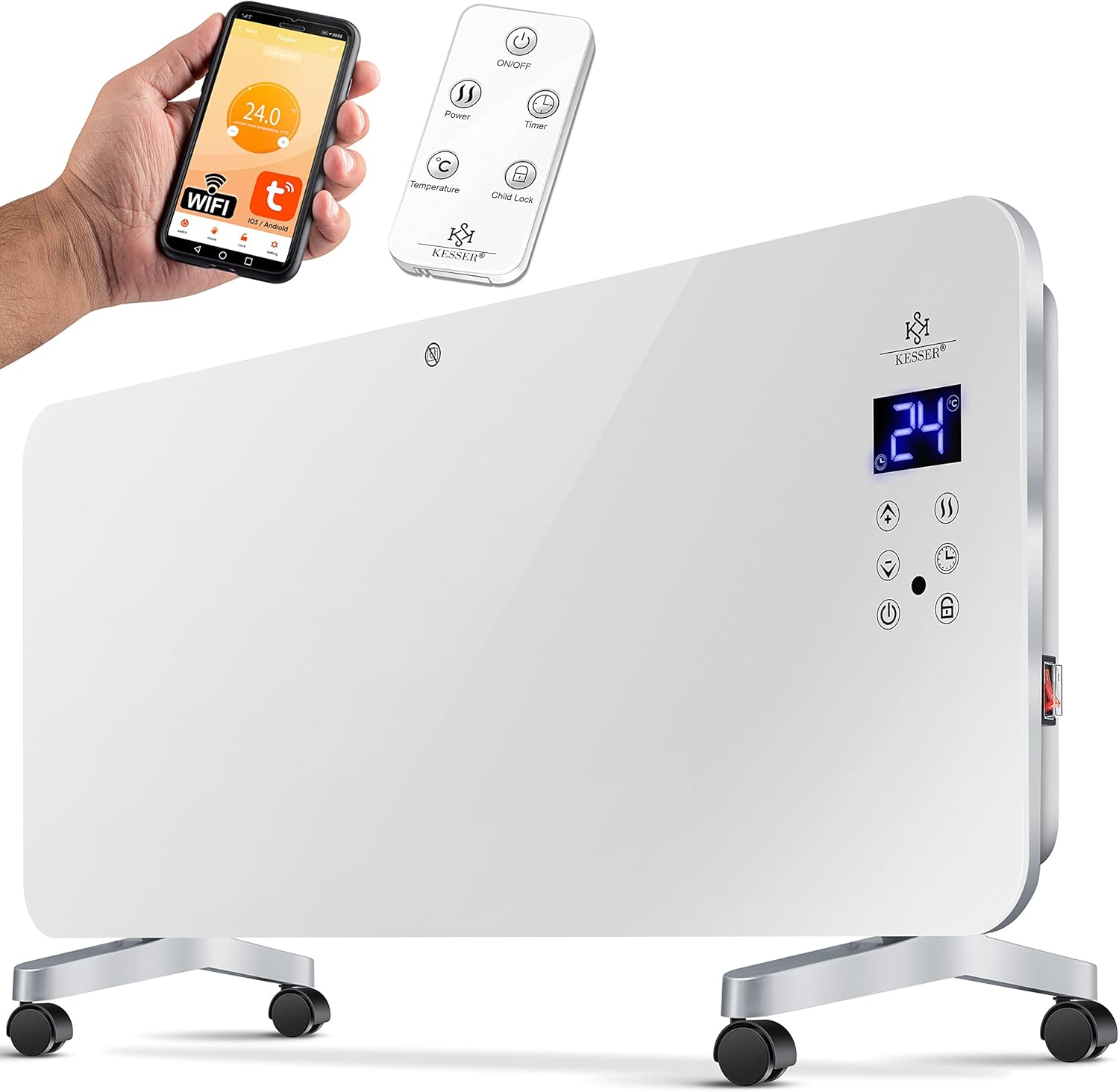 KESSER® Elektro Glasheizung Glaskonvektor Elektroheizung Heizung Heizkörper ✓ Touchscreen ✓ APP WiFi Funktion Inkl. Fernbedienung ✓ LCD-Display ✓ Timer | Stand- oder Wandgerät | 2000 Watt | Weiß