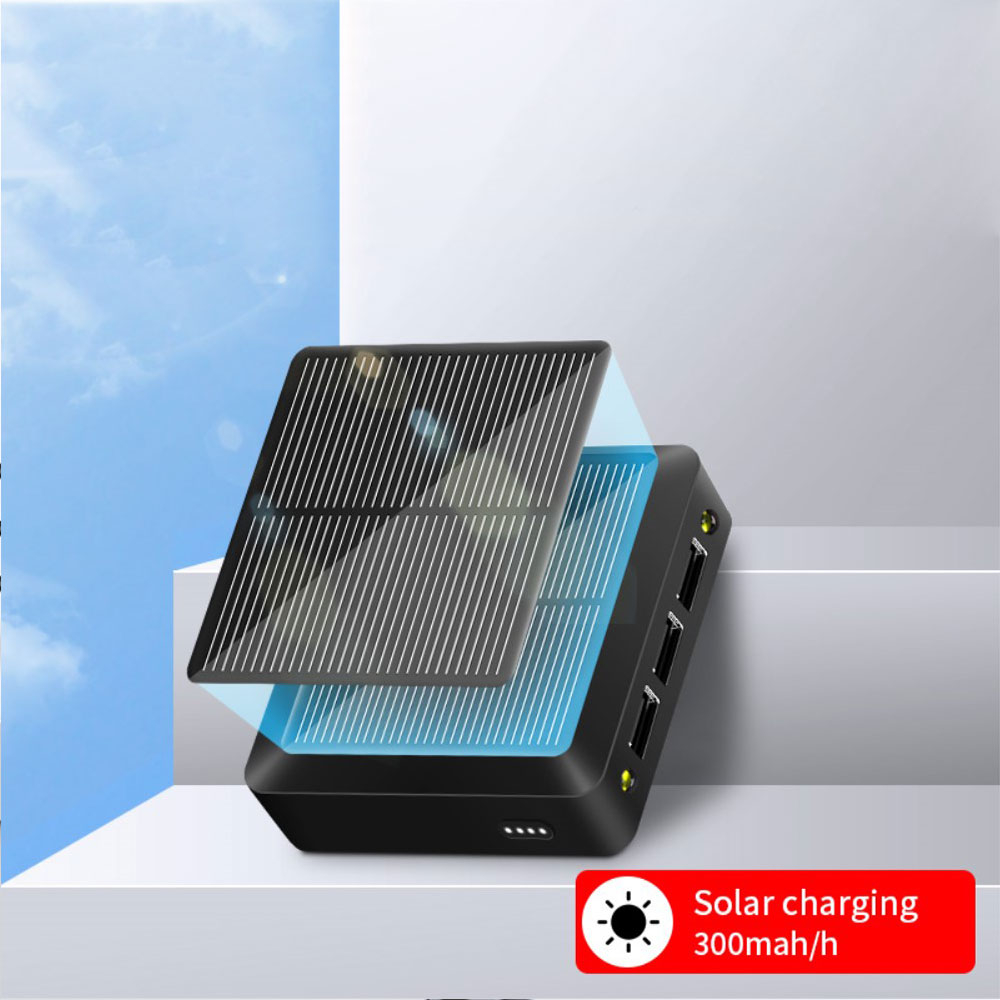 10000mAh Mini Solar Powerbank mit 3x USB A Anschluss    Dual LED Taschenlampe - Schwarz