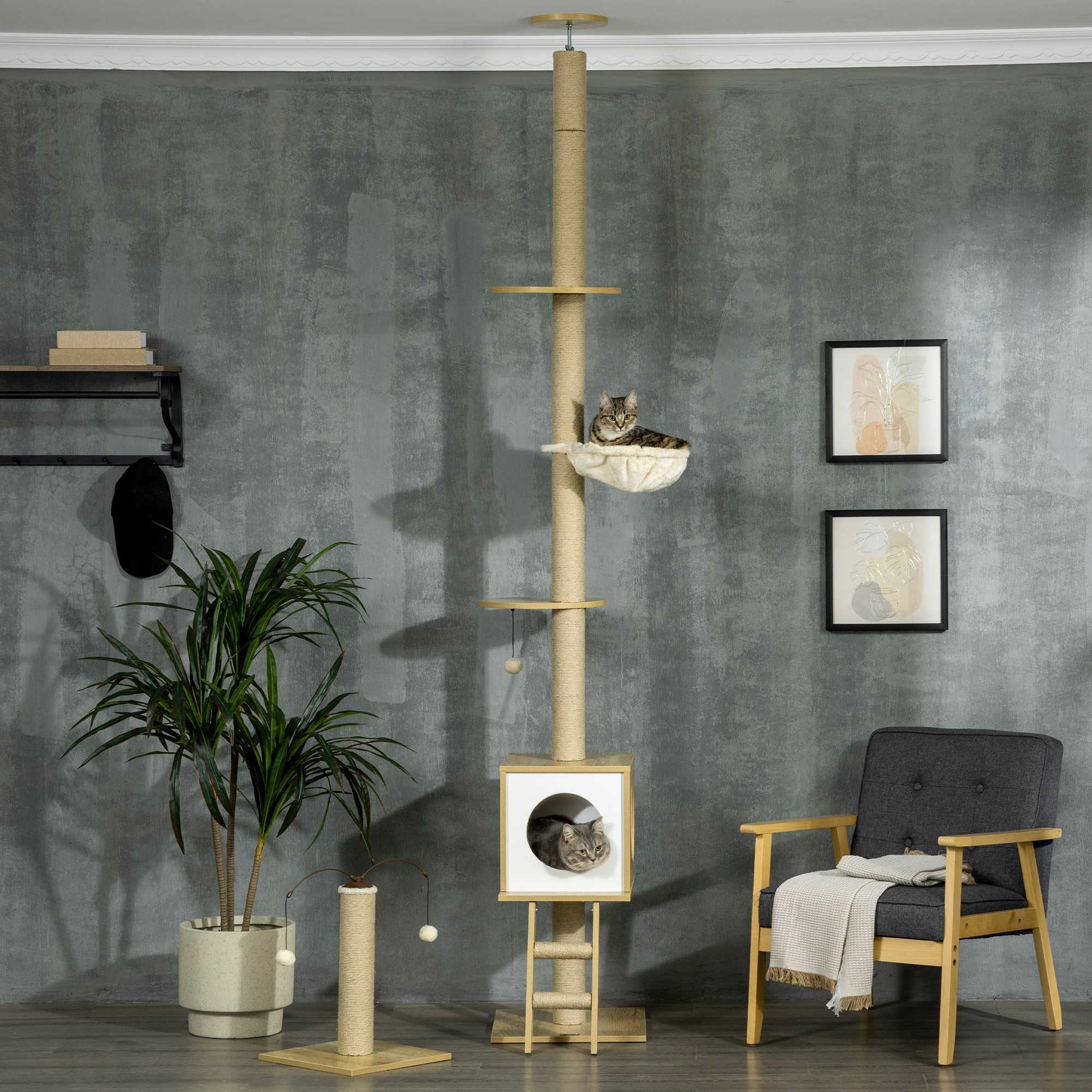 Árvore para Gatos PawHut, do chão ao teto, 225-285 cm, Árvore pequena para gatos com altura ajustável, plataformas, rede, casinha, poste de juta, rampa e bolas para brincar, 40x40x225-285 cm, bege