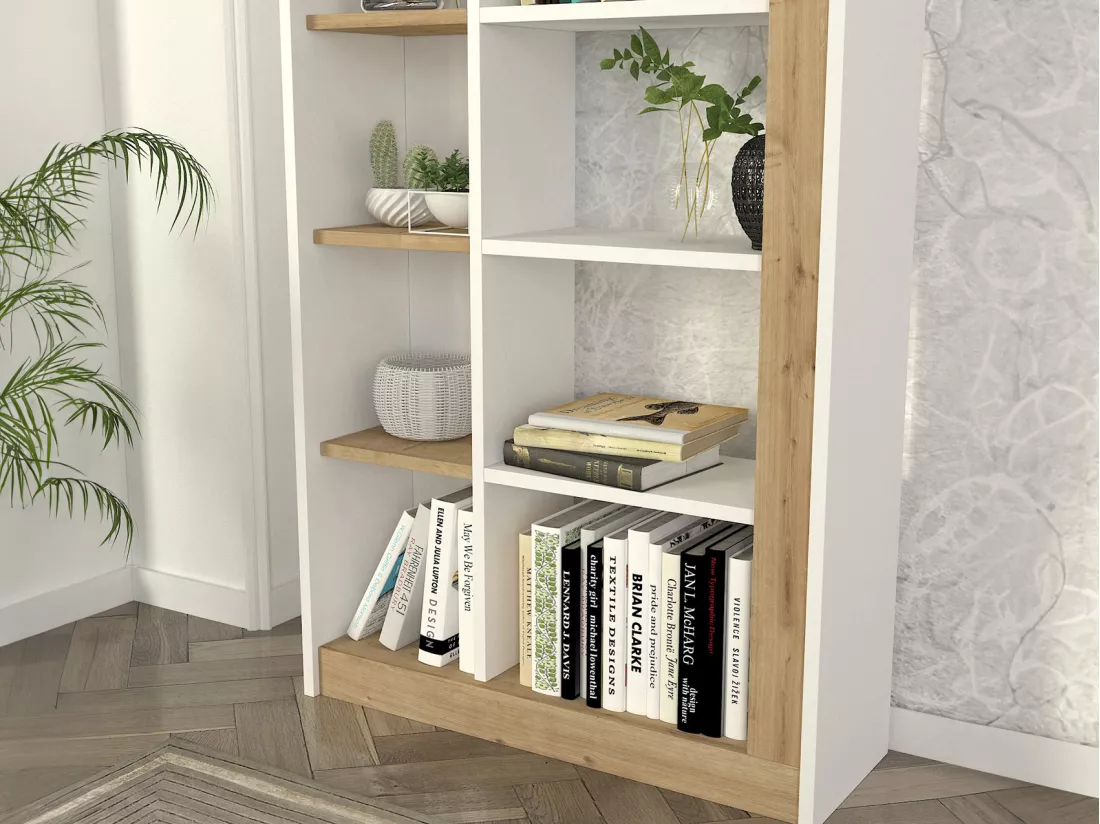 Bibliothèque avec 10 niches - Naturel clair et Blanc - SILOMAI