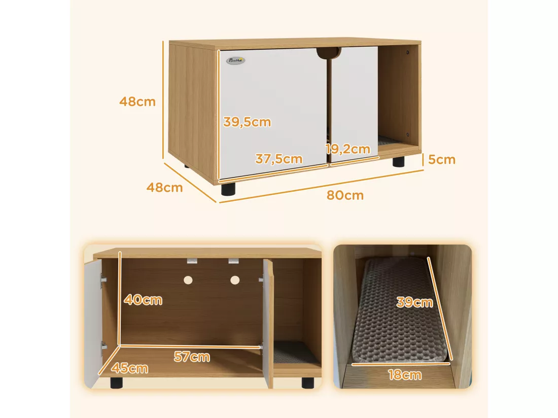 Maison de toilette pour chat style scandinave - meuble cache litière - portes, aérations, tapis de fuite - naturel blanc