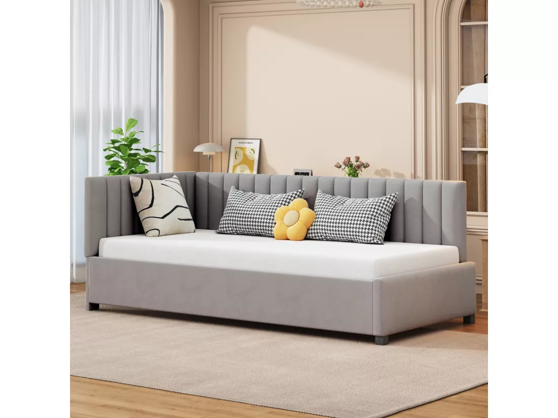 Lit gigogne capitonné 90x200cm, canapé-lit, sommier à lattes, lit simple, velours, Gris