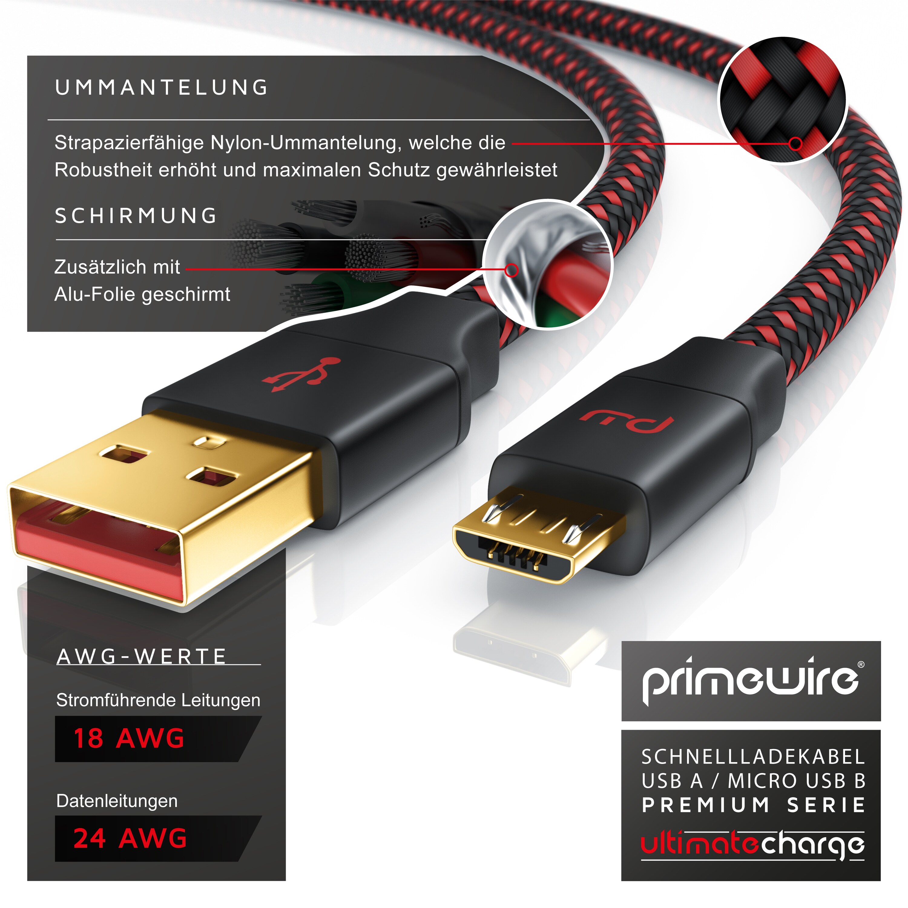 Primewire Micro-USB 2.0 zu USB Typ A Kabel, UltimateCharge MicroUSB 2.0 Schnellladekabel mit Datenübertragung - 1m