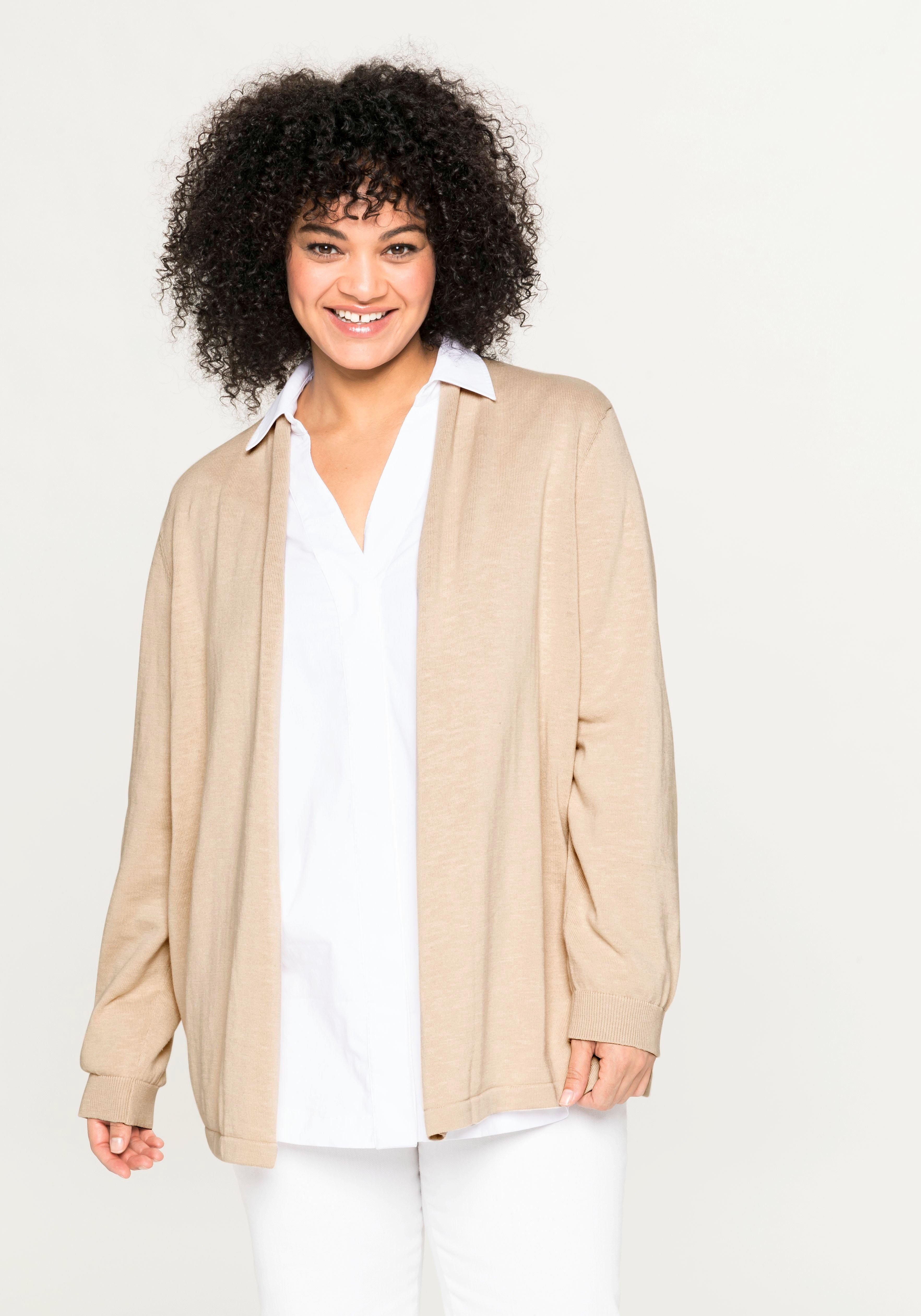 Strickjacke mit schmalem Schalkragen, offene Form