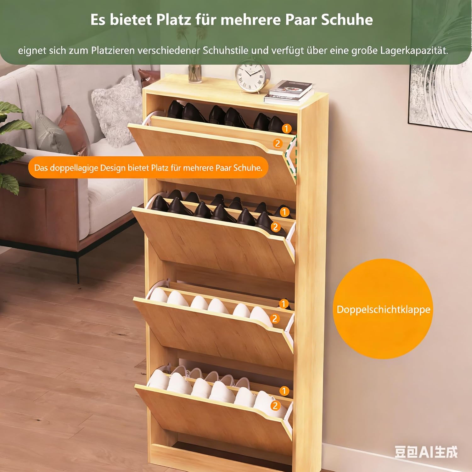 WAOHO Klappbare Schuhregale，Schuhschrank 4 Klappen ，Schuhaufbewahrung，Schuhregal，Schuhkipper, Schuhschränke，Kippsicherung,schuhkipper schmal 150×63×24cm