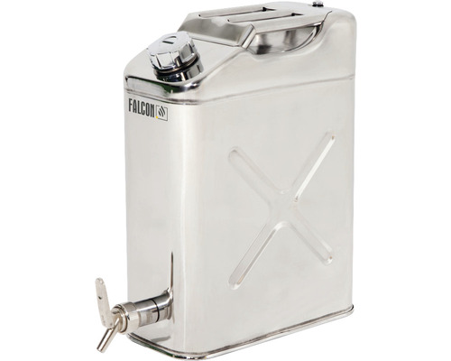 Falcon veiligheidsjerrycan met draagbeugel, schroefdop en fijndoseerkraan, 20 l roestvrij staal