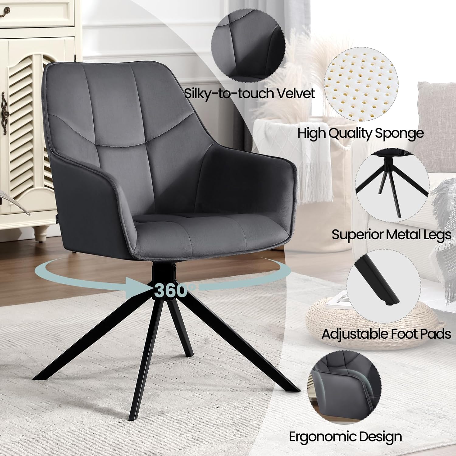 WOLTU Esszimmerstühle drehbar 2er Set, für Esszimmer Wohnzimmer Küche, Küchenstühle gepolstert mit Armlehnen, Metallbeinen, aus Samt, Dunkelgrau