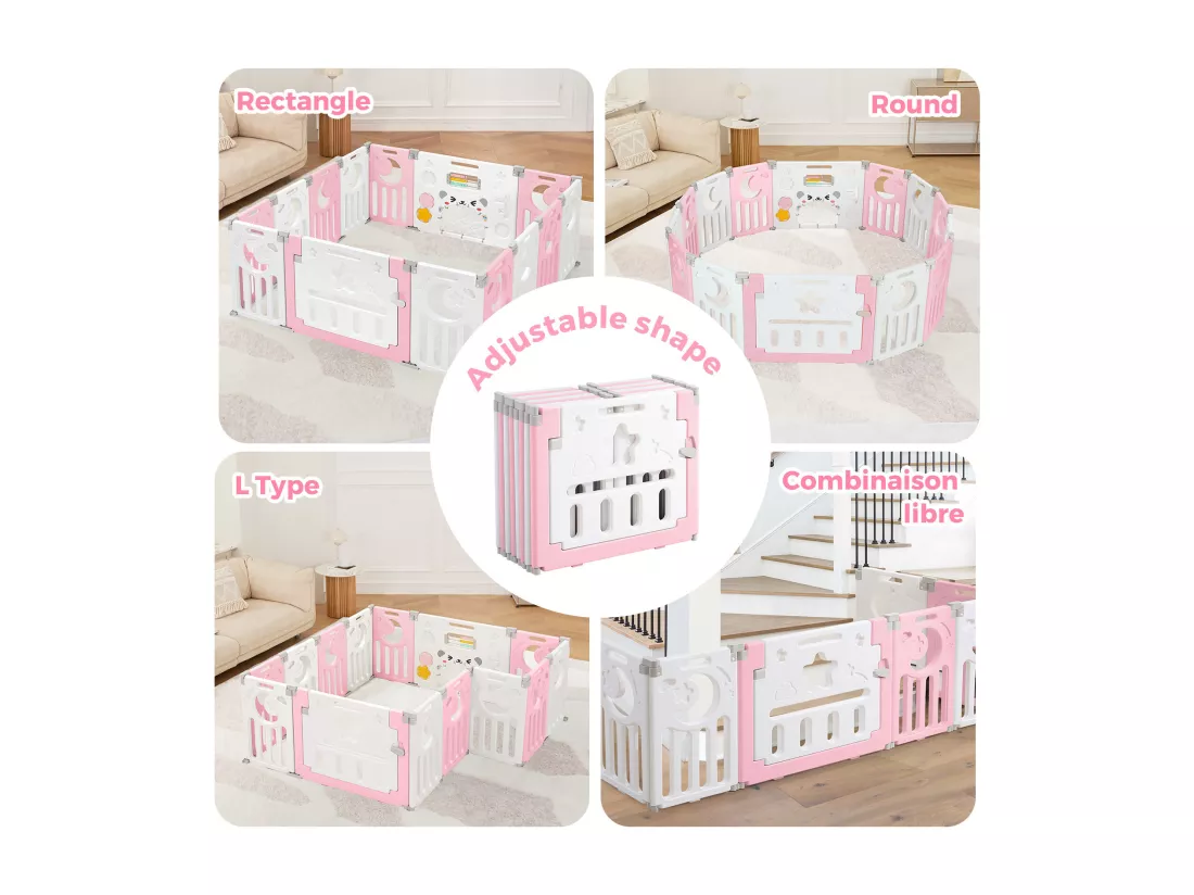 Parc Bébé 12+2 Panneaux,Barrière de Sécurité Portail,Grille de Protection en Plastiqu Ecologiques,150x150x62cm - Rose