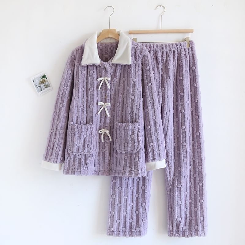 MelMount - Pyjamaset: Lange mouwen, kraag, tweekleurige strik, koraalkleurige fleece top met knopen + elastische tailleband en rechte pijpen