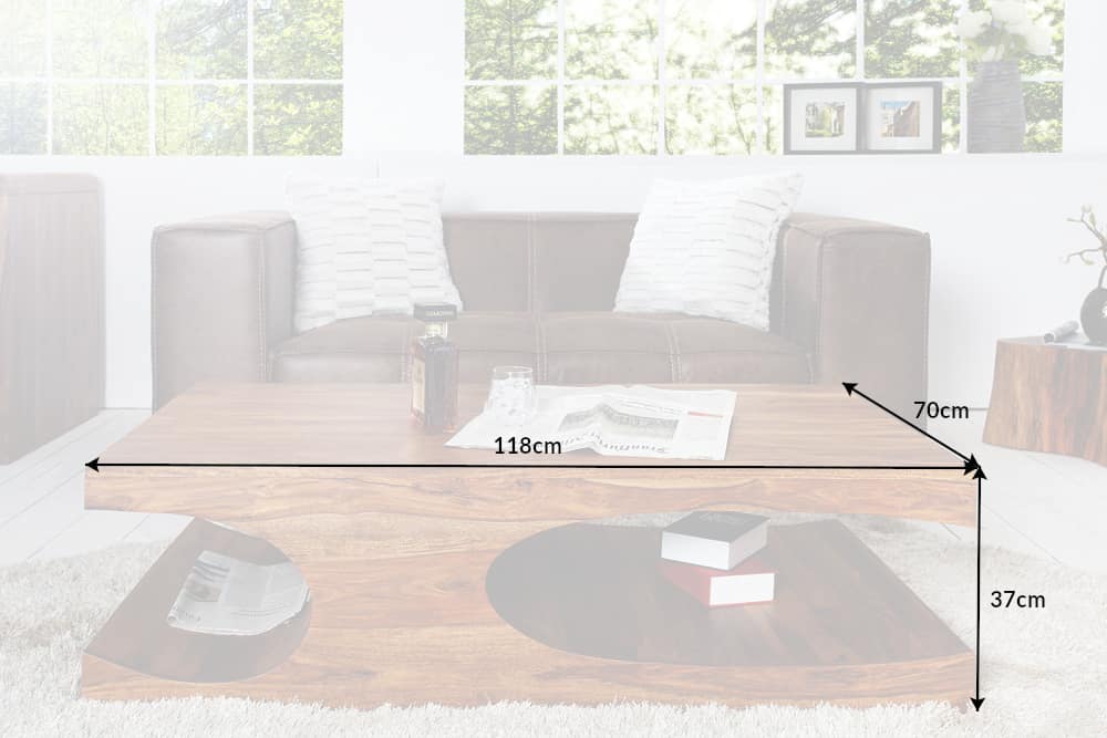 Design Couchtisch CUBUS 120cm braun Sheesham Massivholz stone finish mit Stauraum