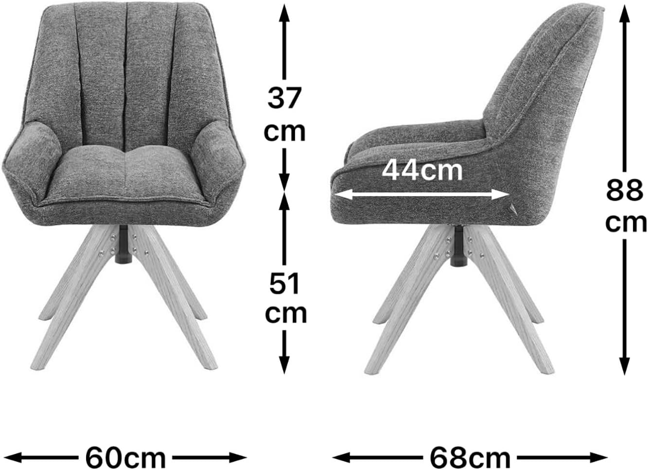DUBI Möbel Esszimmerstühle 2er Set 360° drehbar mit Taschenfederkern, hoher Sitzkomfort, bis 150 kg belastbar, abriebfester Stoff Grau, Eiche Massivholzgestell geölt (Natur), Mika-Lio