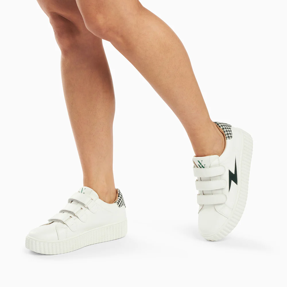Sneakers-Baskets éclair Sansa blanc et vert pied-de-poule à scratchs