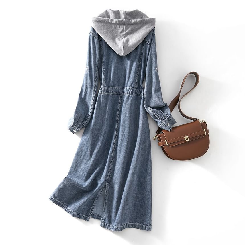 Supernova - Denim midi-jurk met lange mouwen en capuchon