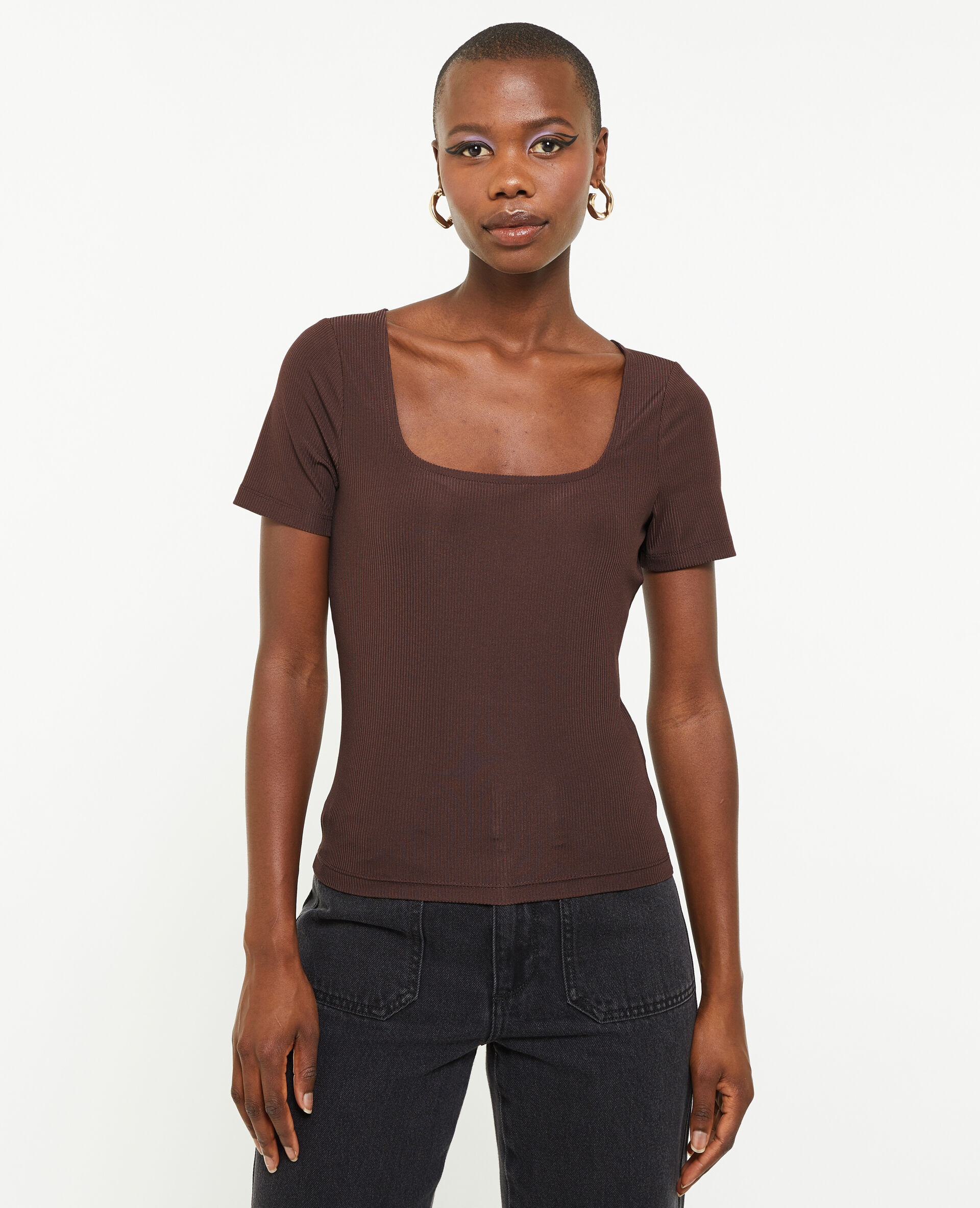 Top encolure carré maille côtelée - Marron