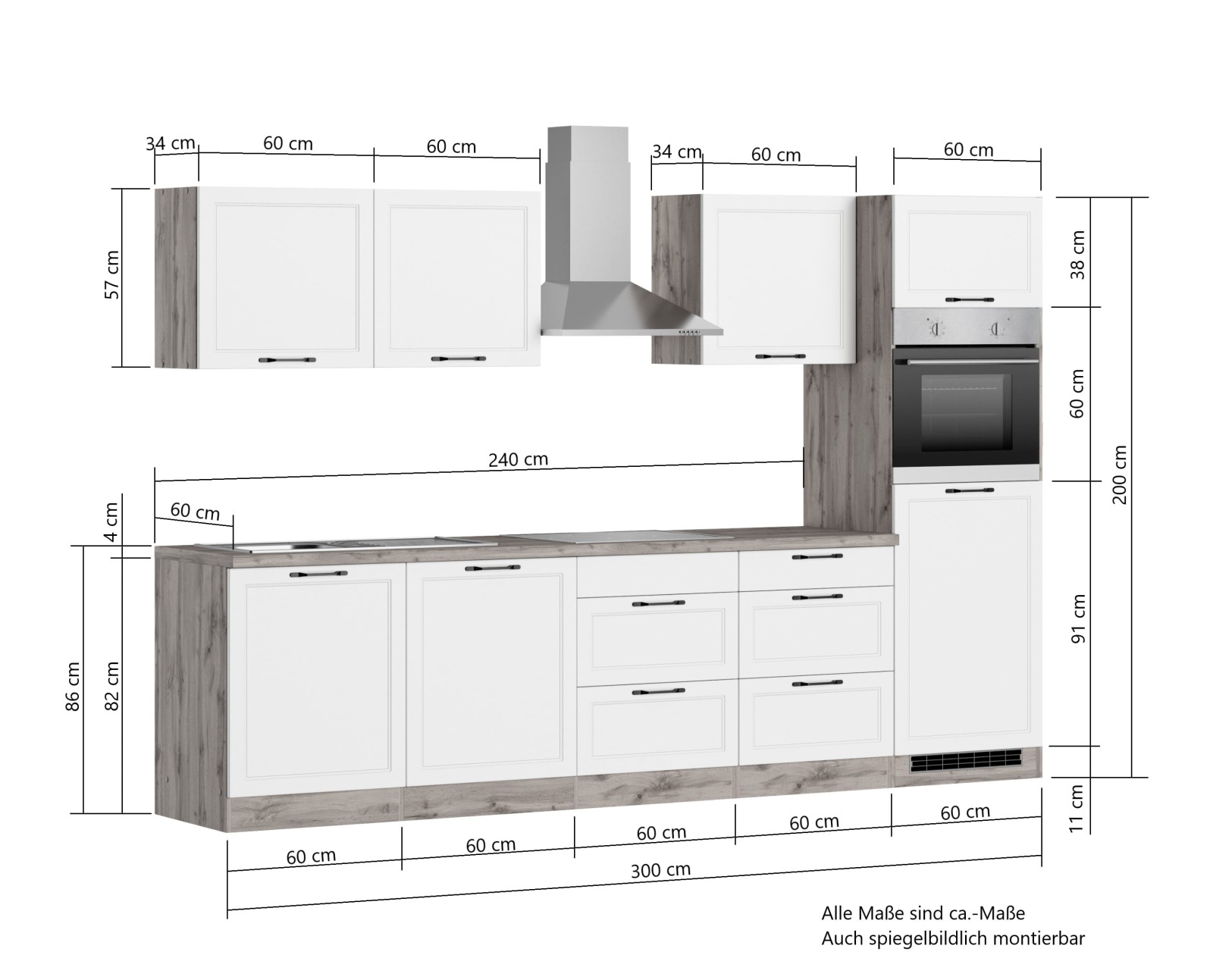 Küchenzeile MERAN - grau - Wotaneiche - mit E-Geräten - Glaskeramikkochfeld - 300 cm
