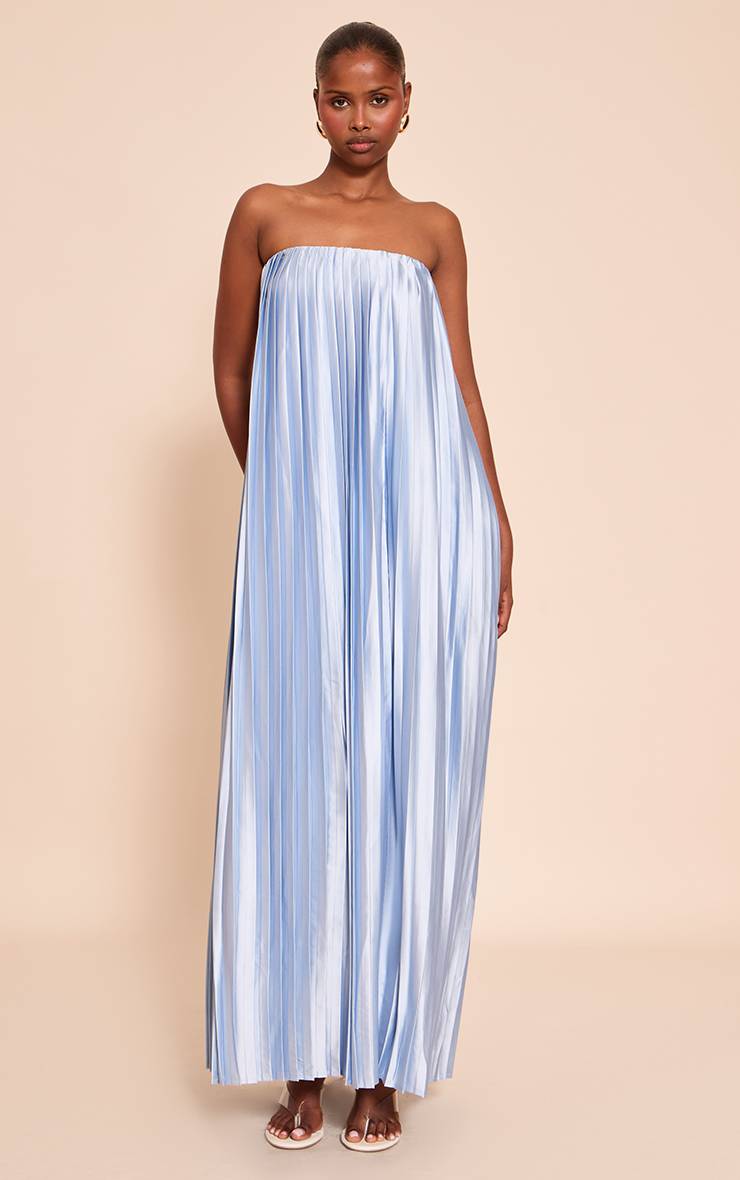 Bleu Clair Robe Longue Bustier Plissée En Satin