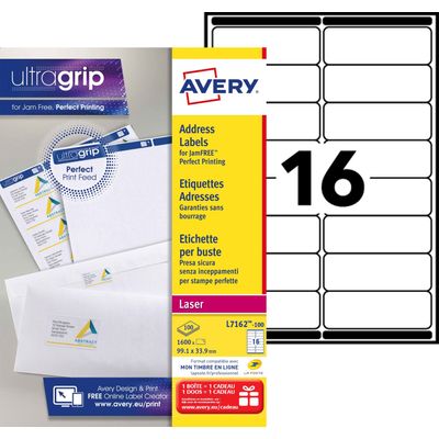 Avery - 1600 Étiquettes adresse blanches - 99,1 x 33,9 mm - Impression laser - réf L7162-100