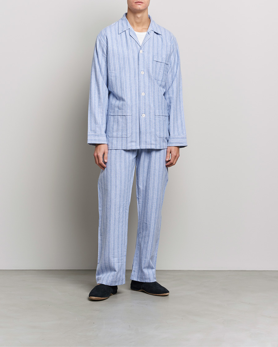 Derek Rose Brushed Cotton Flannel Striped Pyjama Set Blue
