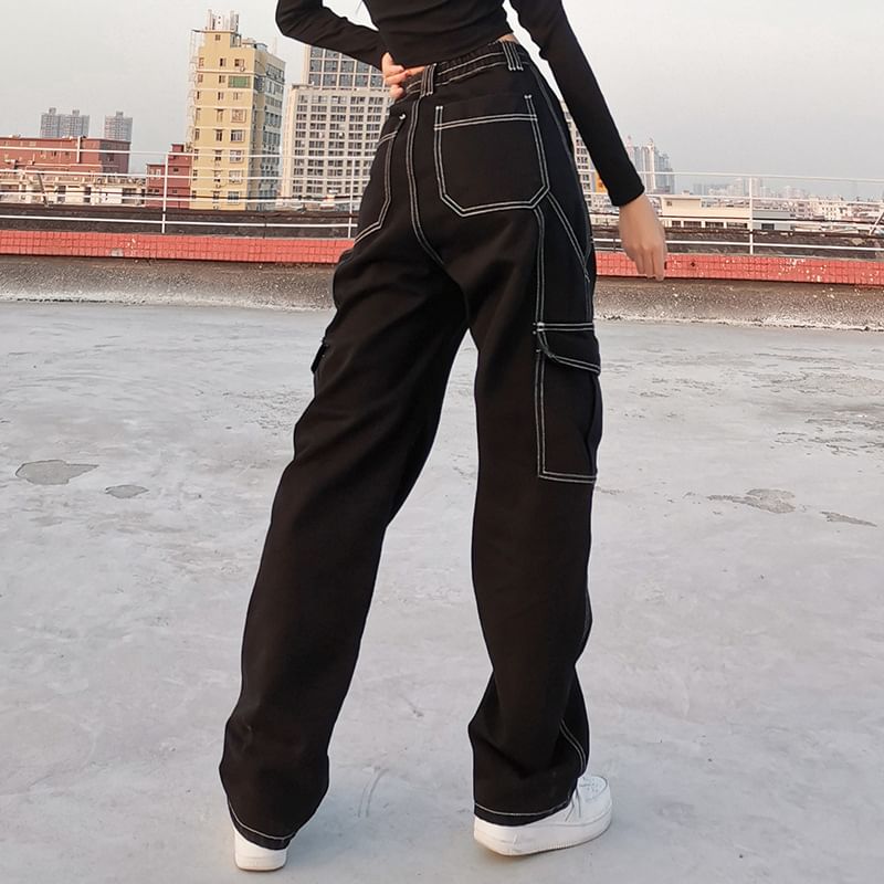 BrickBlack - Hoge taille contrasterende stiksels rechte jeans