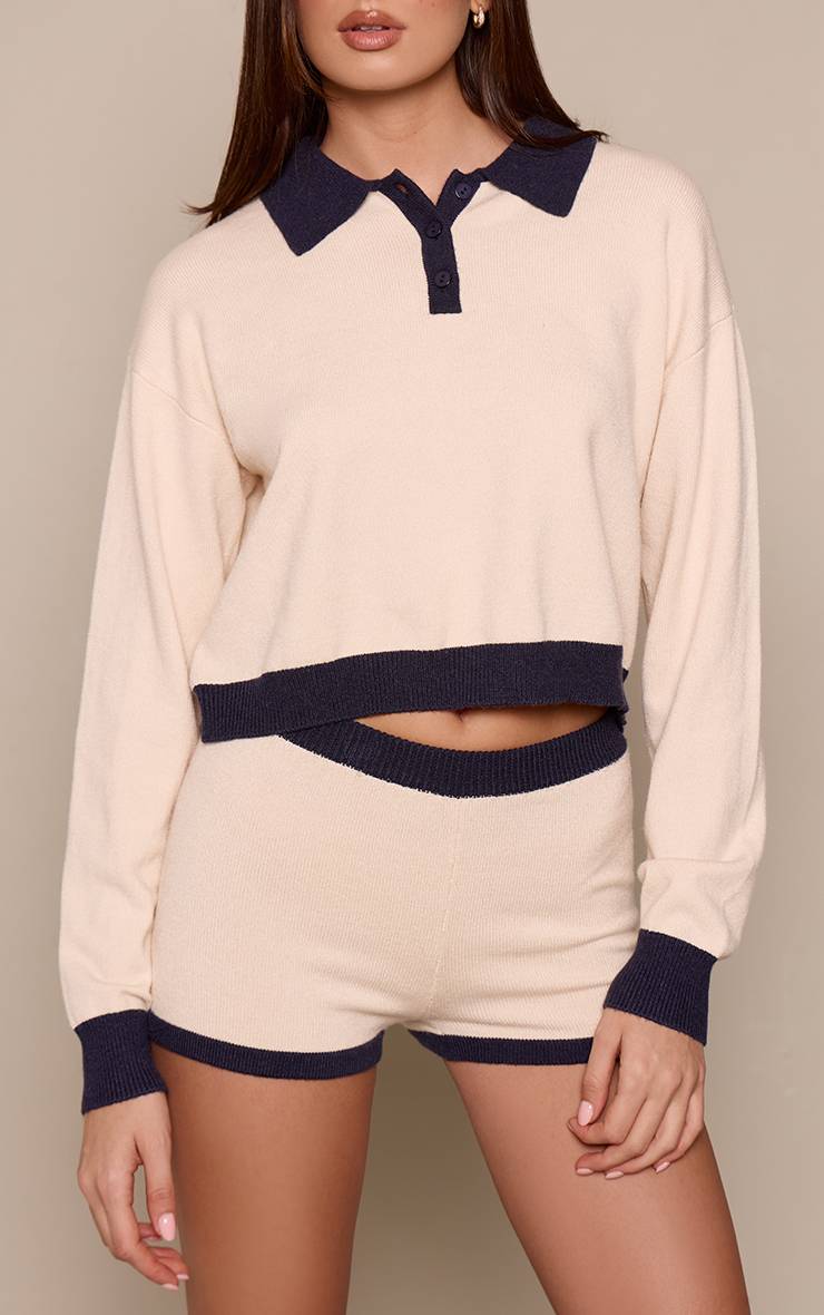 Crème Short Mini En Maille À Taille Contrastée