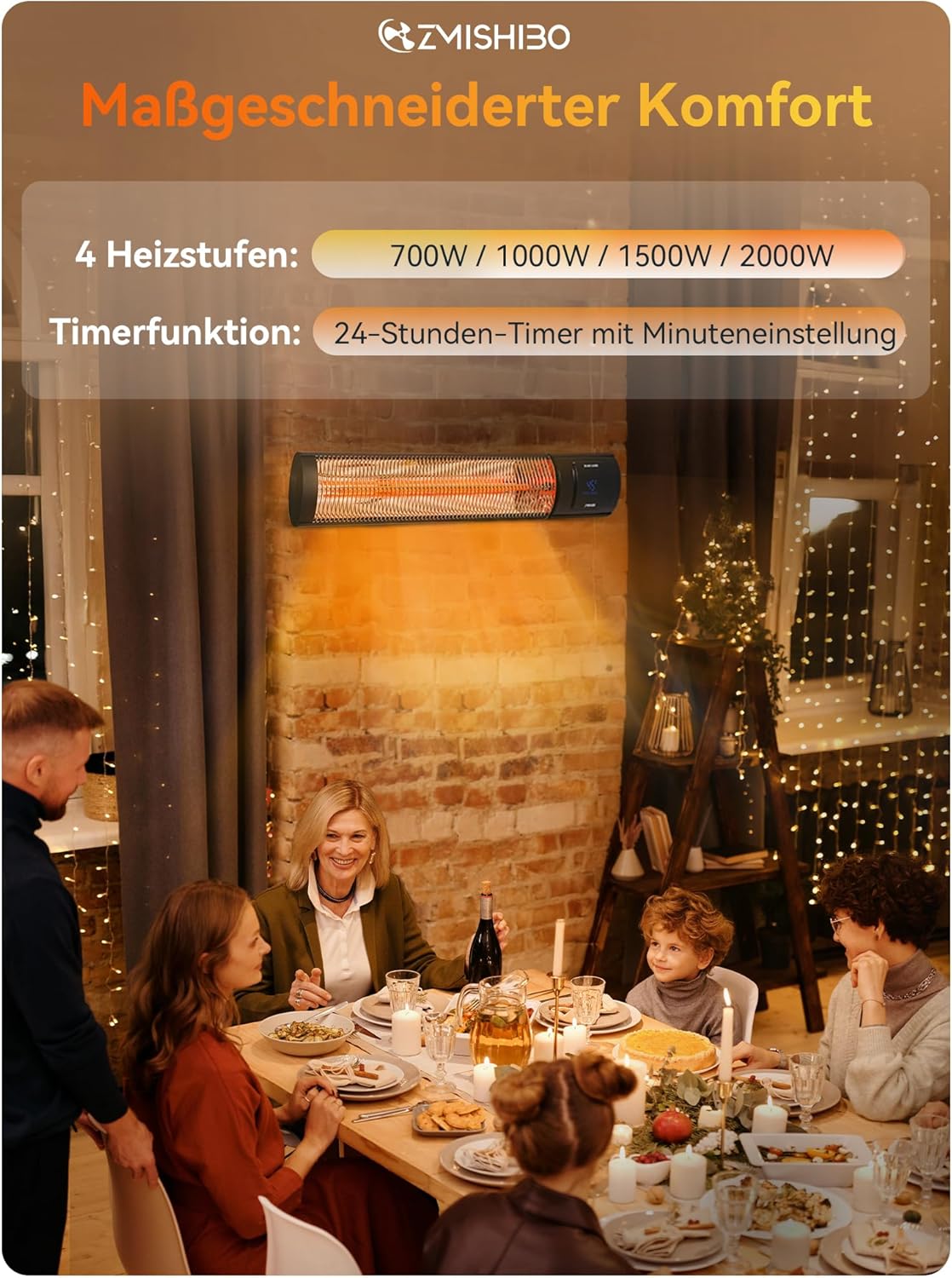 ZMISHIBO Infrarot Heizstrahler 2000W, 4 Heizstufen, IP65 für innen & außen, Wand- & Deckenmontage, mit APP, LED-Display, Fenster-Offen-Erkennung & Kindersicherung