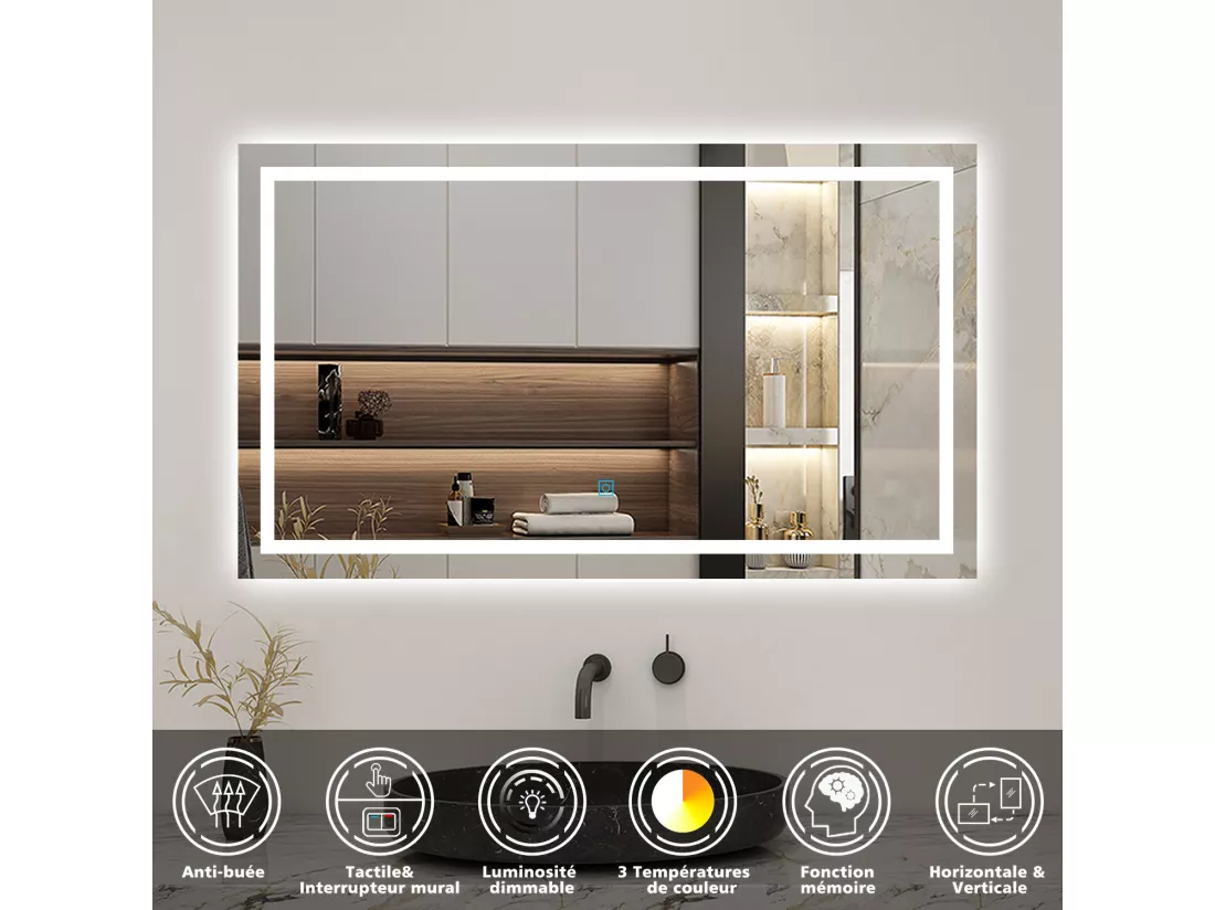 AICA Ensemble meubles salle de bains blanc 120cm,lavabo+Miroir Lumineux antibuée,3 couleurs dimmable+mémoire