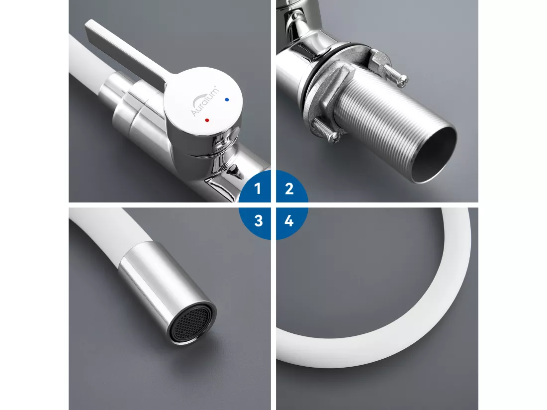 2pcs Robinet de Cuisine Flexible Bec Haut Orientable Librement Mitigeur Évier Laiton Robinet Evier Monotrou à Eau Chaude et Froide,Blanc