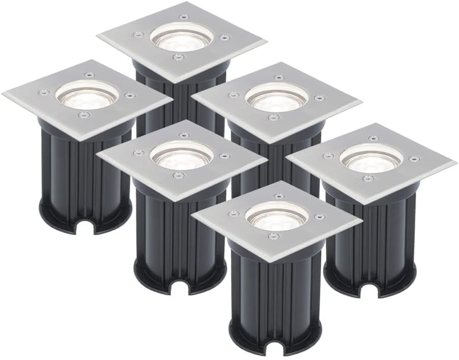 HOFTRONIC - 6er LED Bodeneinbauleuchten Edelstahl Eckig 4 Watt 345 Lumen 3000K Warmweiß GU10 LED IP67 Wasserdicht - 15.000 Brennstunden bodenstrahler außen | Terrassen Einbaustrahler Aussen
