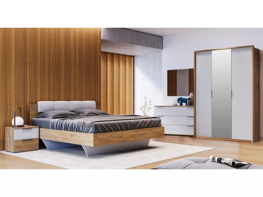 Chambre ASTO , blanc laqué et chêne clair 160x200 cm - AVEC ARMOIRE