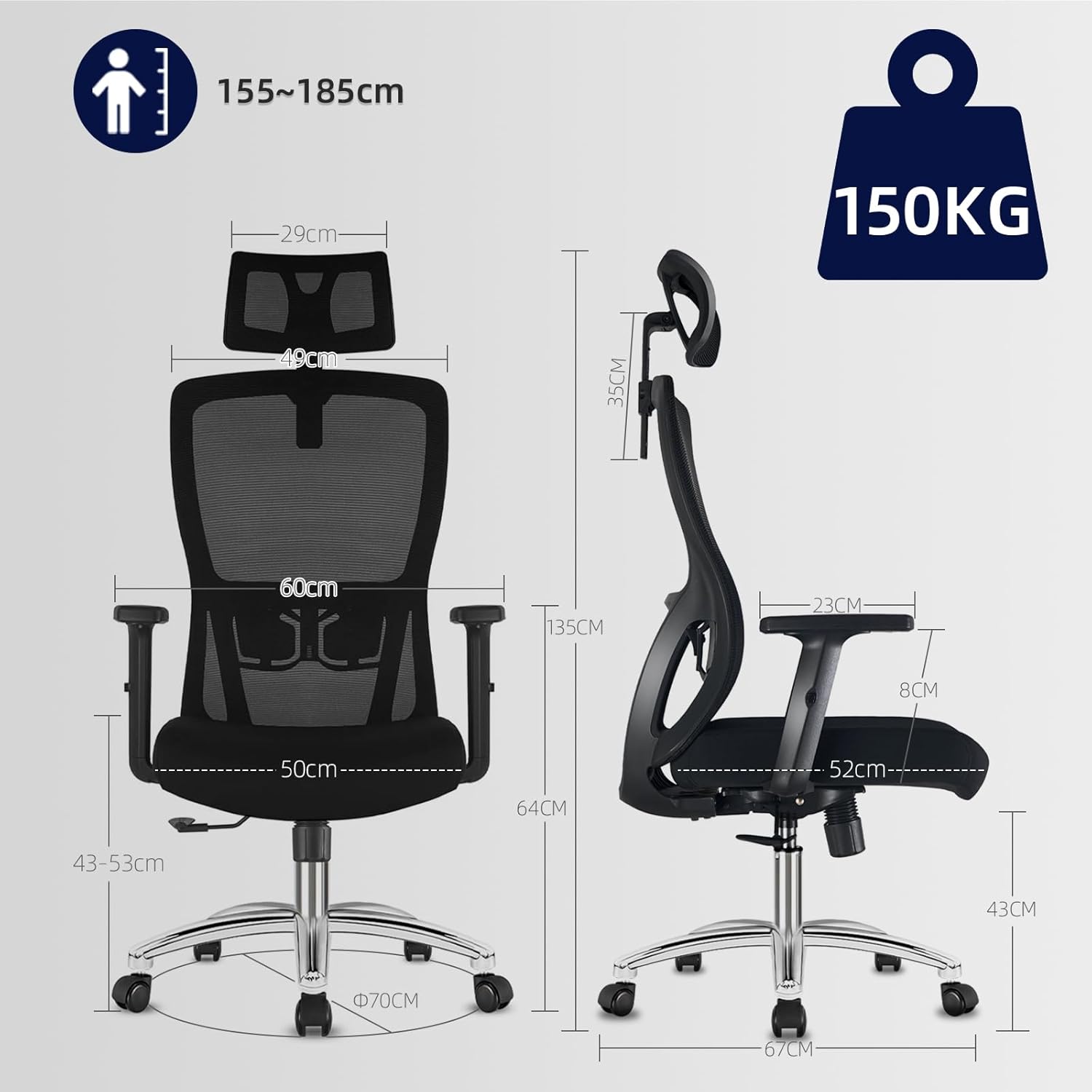 Bürostuhl Ergonomisch,Schreibtischstuhl mit verstellbarer Kopfstütze, Armlehnen und Lendenwirbelstütze, Drehstuhl aus Mesh,höhenverstellbarer Chefsessel,Computerstuhl Wippfunktion,Belastbarkeit 150kg