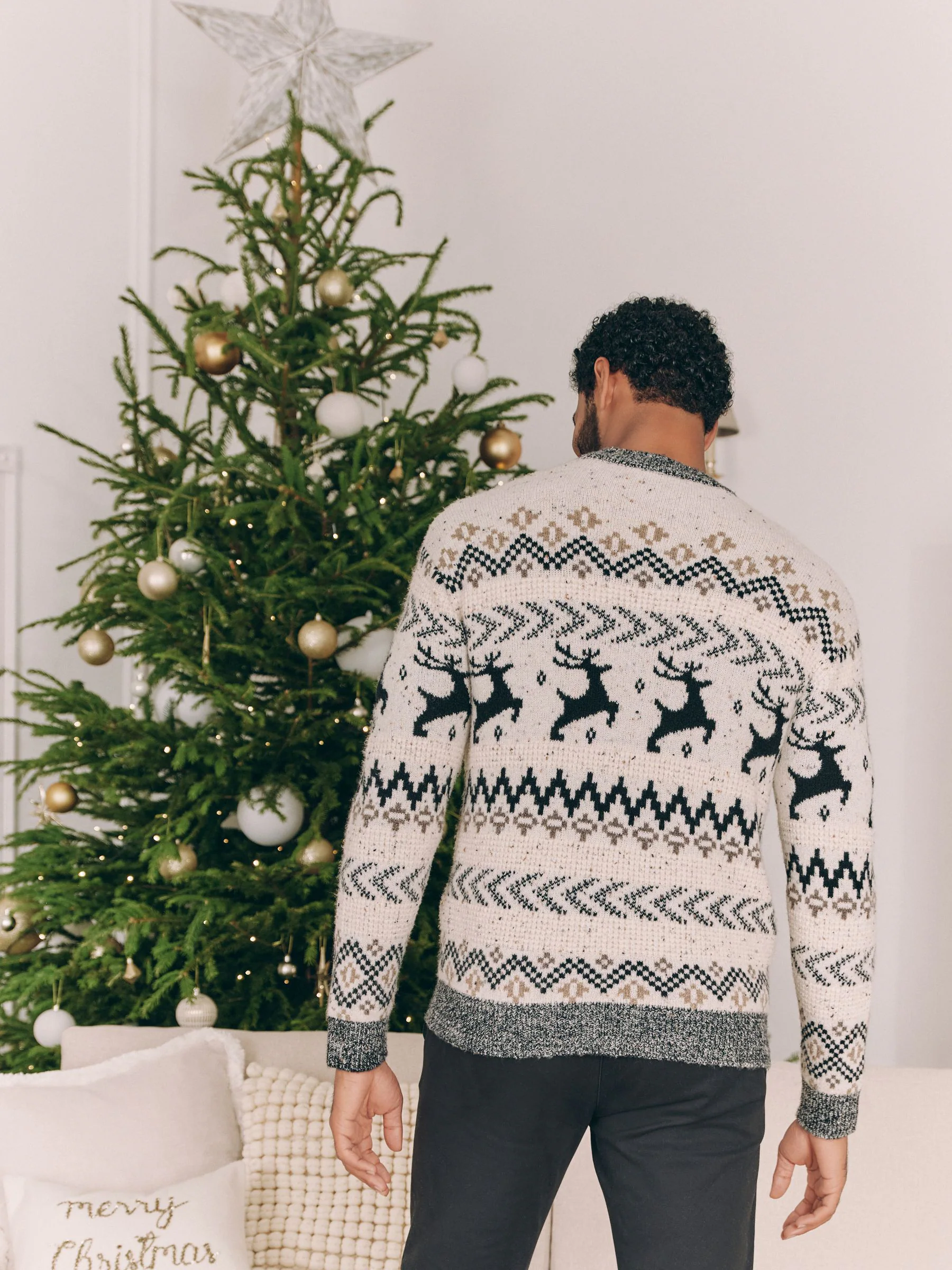 Zwart/wit - Matching Family kersttrui voor heren met Fairisle-patroon en hertmotief