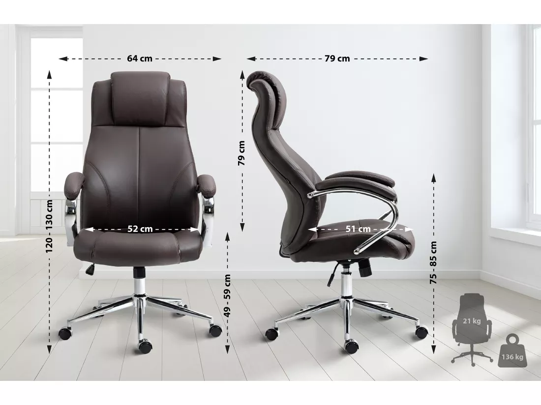 Chaise de bureau - Véritable cuir & Noir - Marron - Salford